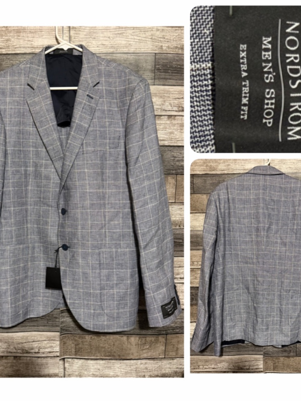Nordstrom Blazer Extra Trim Fit Plaid Linen Blend Sport Coat Jacket Men’s L Blue